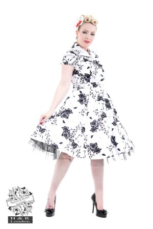 50's Imitation White Black Floral Tea Dress